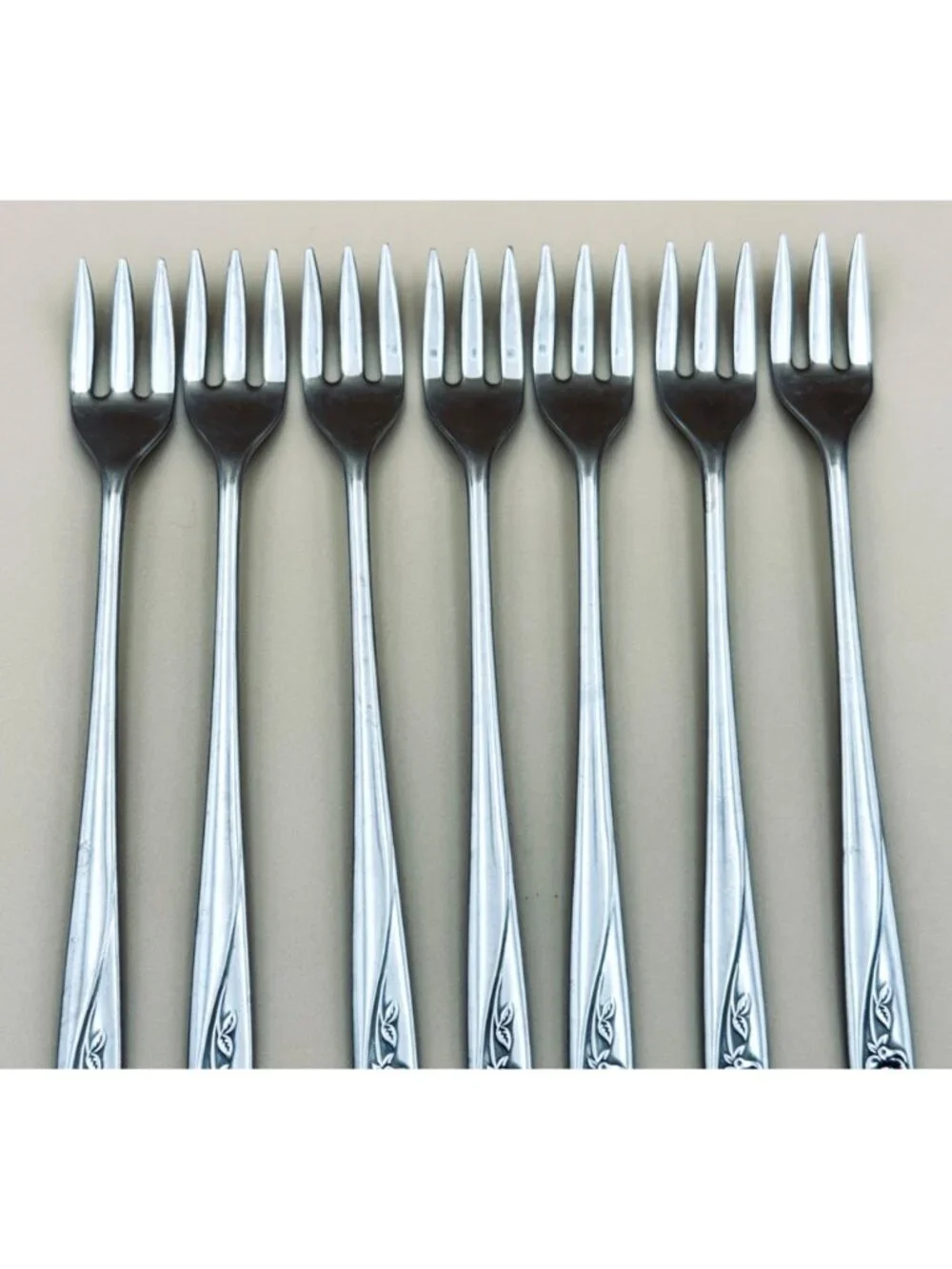 7 - Oneidacraft Oneida Deluxe LASTING ROSE Cocktail Seafood Forks Stainless Stee